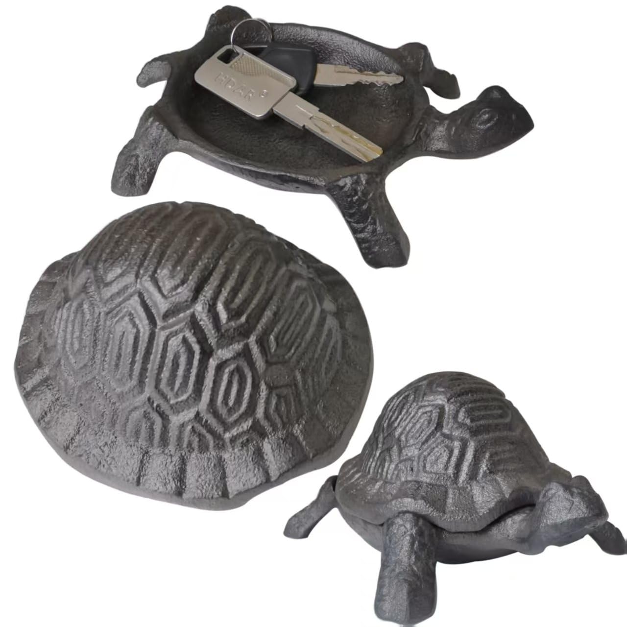cast iron turtle key hider - outdoor hidden key holder, decorative garden statue, secret hiding spot for spare keys, hide-a-key, ideal for home, yard, and patio (antique brown)
