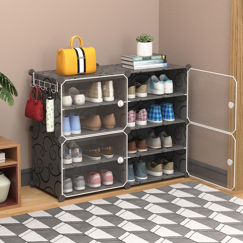 Image of Kuber Industries Shoes Cabinet |2 Column 4-Tier Foldable Shoe Rack Organizer for Closet | Plastic Shoe Shelf Collapsible Shoes Storage Box | Shoe Cabinet with Lids | JL2C4TBK | Black