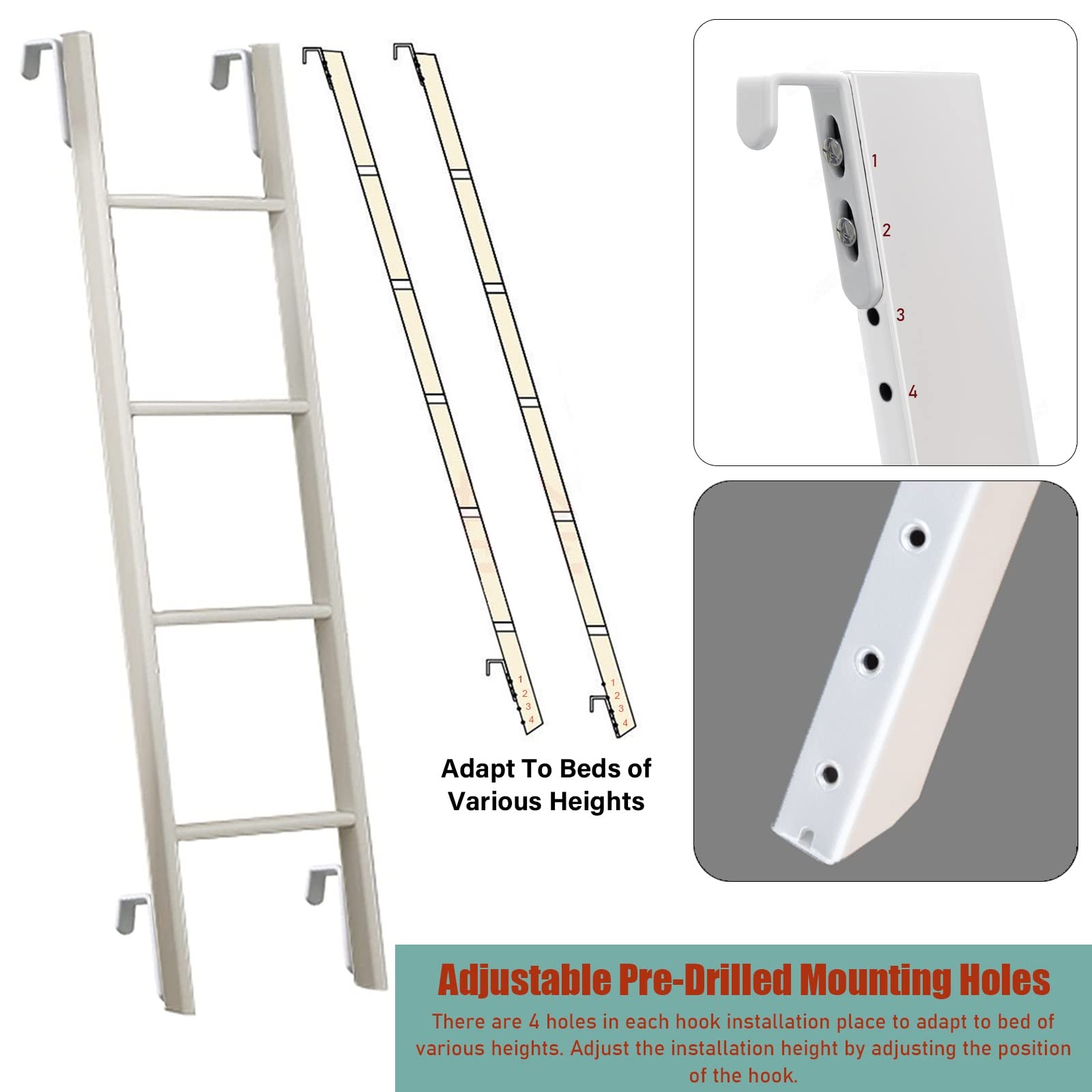 Escalera Plegable Blanca, Gris y Negra con Gancho para literas, Ideal para caravanas, escuelas y autocaravanas. Escalera metálica para Camas Altas de dormitorios y lofts, 140 cm de Altura (b
