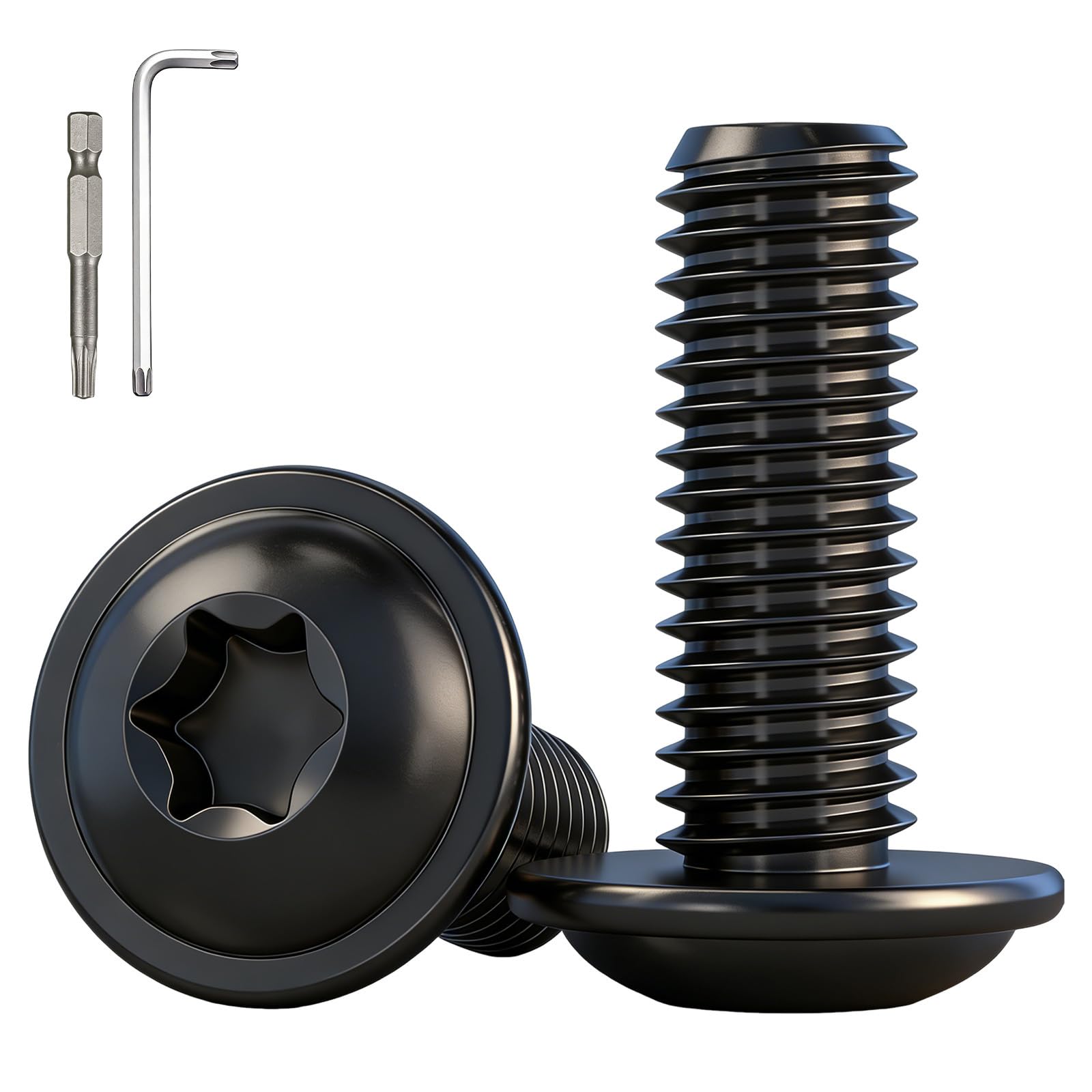 YOOZIYA 20 Pcs M6x16mm Bolts Flanged Button Head Screws A2 304 Stainless Steel,Black Fully Threaded Torx Pan Head Machine Bolts with Torx Key for Furniture,DIY