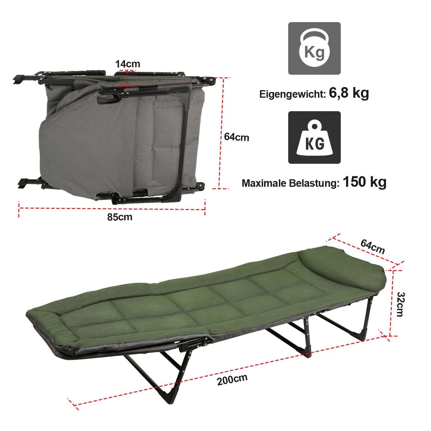 Gimisgu Lit de Pêche Carpe 200x 64 x 32 cm, Bedchair Carpe Pliable 8 Pieds avec Dossier Réglable, Appui-tête Rembourré, Poche Latérale, Lit Pliant pour Pêche Camping Outdoor