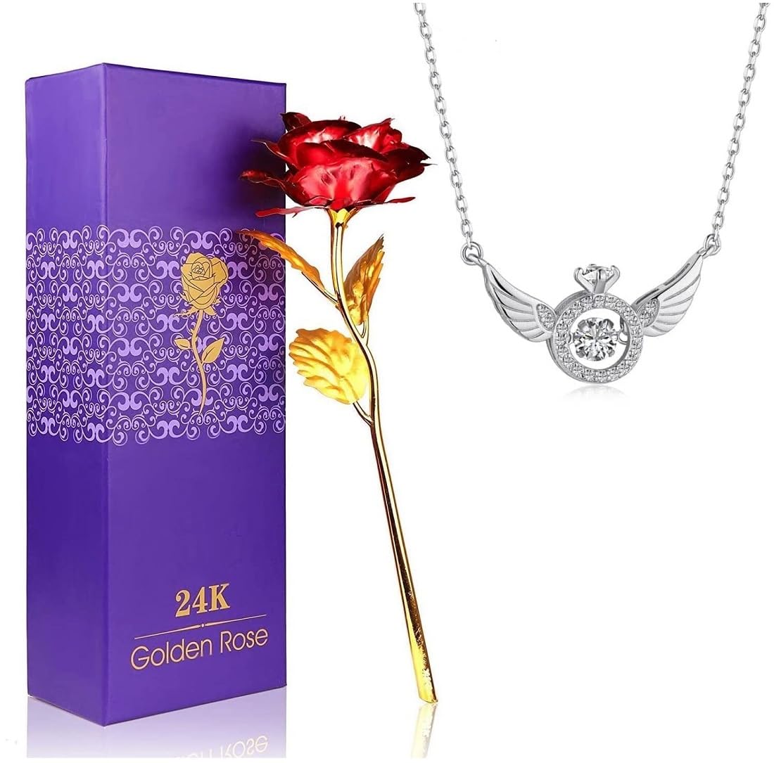 Utkarsh SX000310 Red Rose Flower with Golden Leaf with Nug Studed Beating Heart Angel Wings Locket Pendant Valentine Gift (Pack of 2)-image-39
