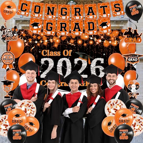 Image of DARUNAXY Orange Graduation Party Decorations, Black Orange Class of 2026 Graduation Banner, 2026 Congrats Grad Honeycomb Hanging Swirl Confetti Balloon Congratulations Graduates Party Supplies(25PC)