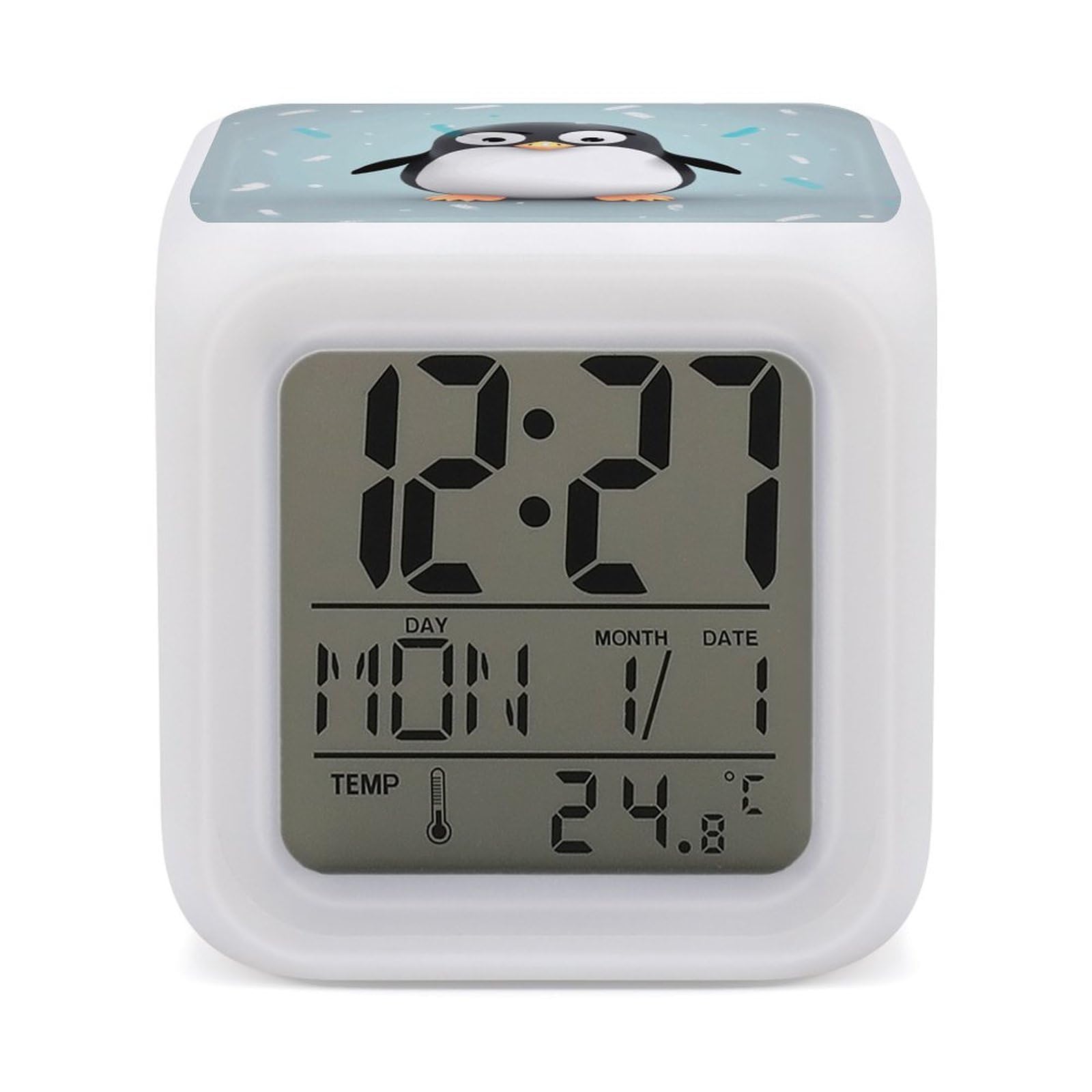 FekiLoot Cute Penguinm Alarm Clock for Heavy Sleepers Small Digital Alarm Clock with Date Temperature Wake Up Digital Clocks with 7 Colors Changing Desk Clocks for Bedroom Bedside Nightstand