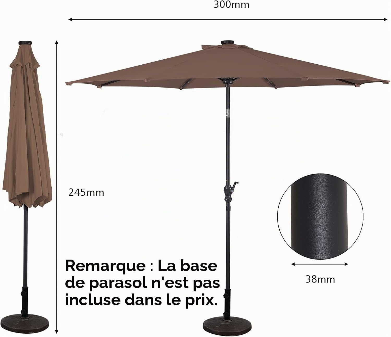 GIANTEX Parasol de Jardin Extérieur 3M, Parasol Inclinable avec 24 Éclairage Solaire LED, 8 Baleines en Métal, Protection UV, pour Terrasse, Jardin, Balcon (Café)