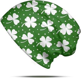 St Patricks Day Slouchy Beanie for Men Women Shamrock Skull Cap, St Paddys Day Lucky Green Costume Irish Gifts Ponytail Hat