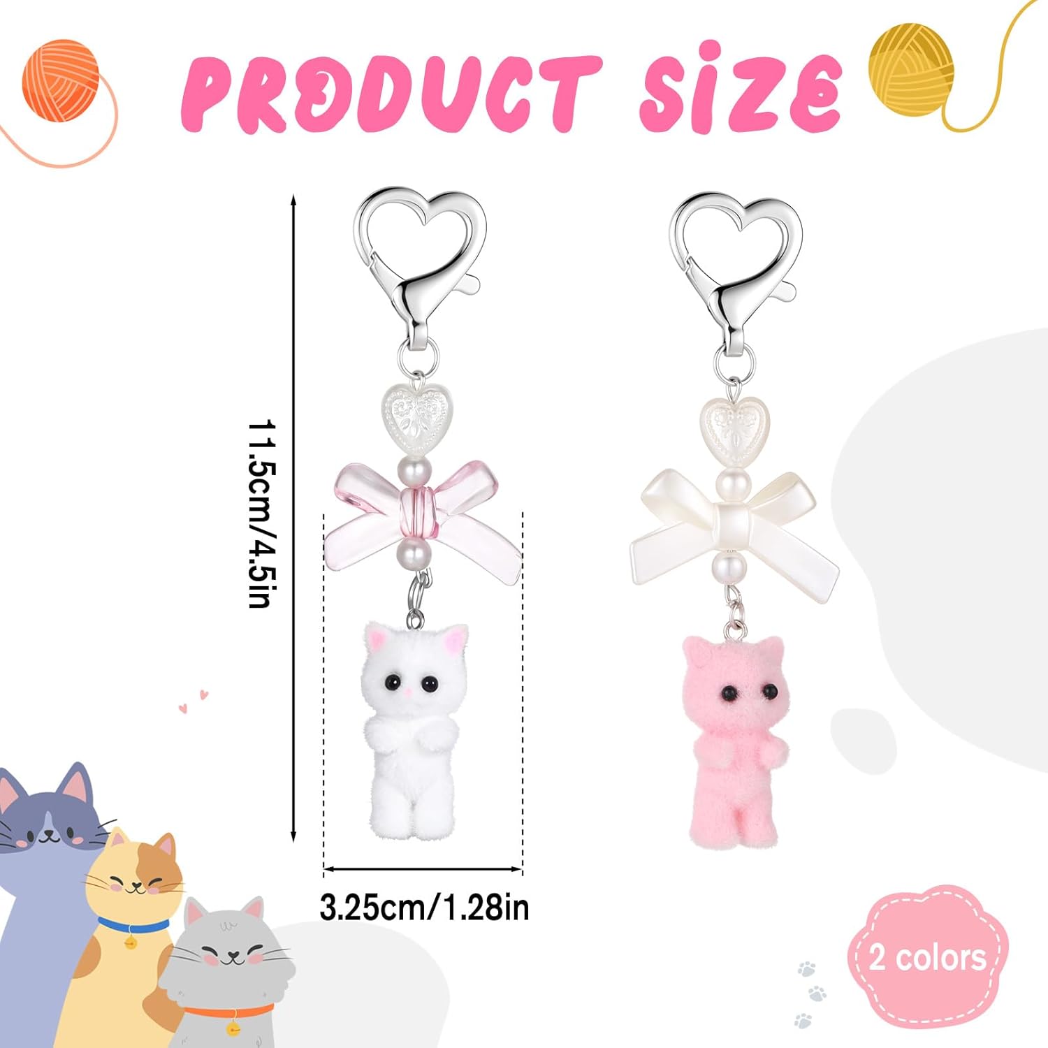 2 PCS Cute Cat Keychain, White and Pink Fuzzy Kitty Keychains Cute Cat Keychain Purse Charms, Aesthetic Y2k Keychains Heart Bow Pendent Cats Decor Gifts Pendent for Women Girls Kawaii Cats Bag Charm - Image 3