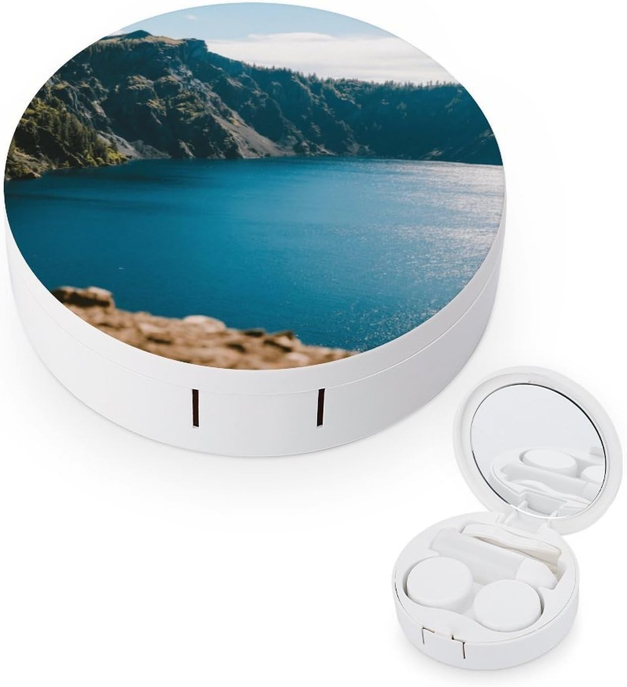 Blue Waters of Crater Lake Round Contact Lens Case, Travel Contact Lens Case with Mirror And Tweezers, Portable Holder Container for Home Travel Shopping And Daily Life