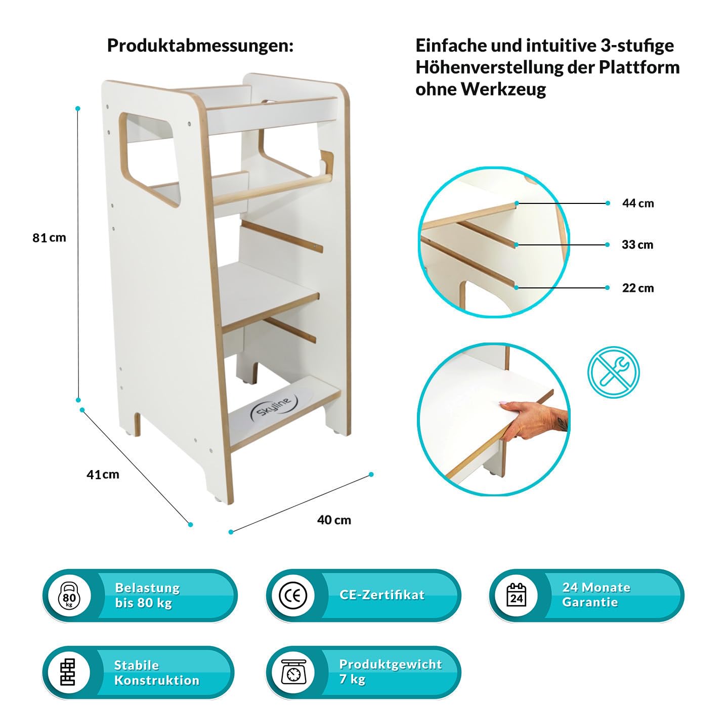 Skyline Baby Montessori - Pedana per bambini, con altezza regolabile e guida di sicurezza, per bambini, per la cucina, colore: bianco