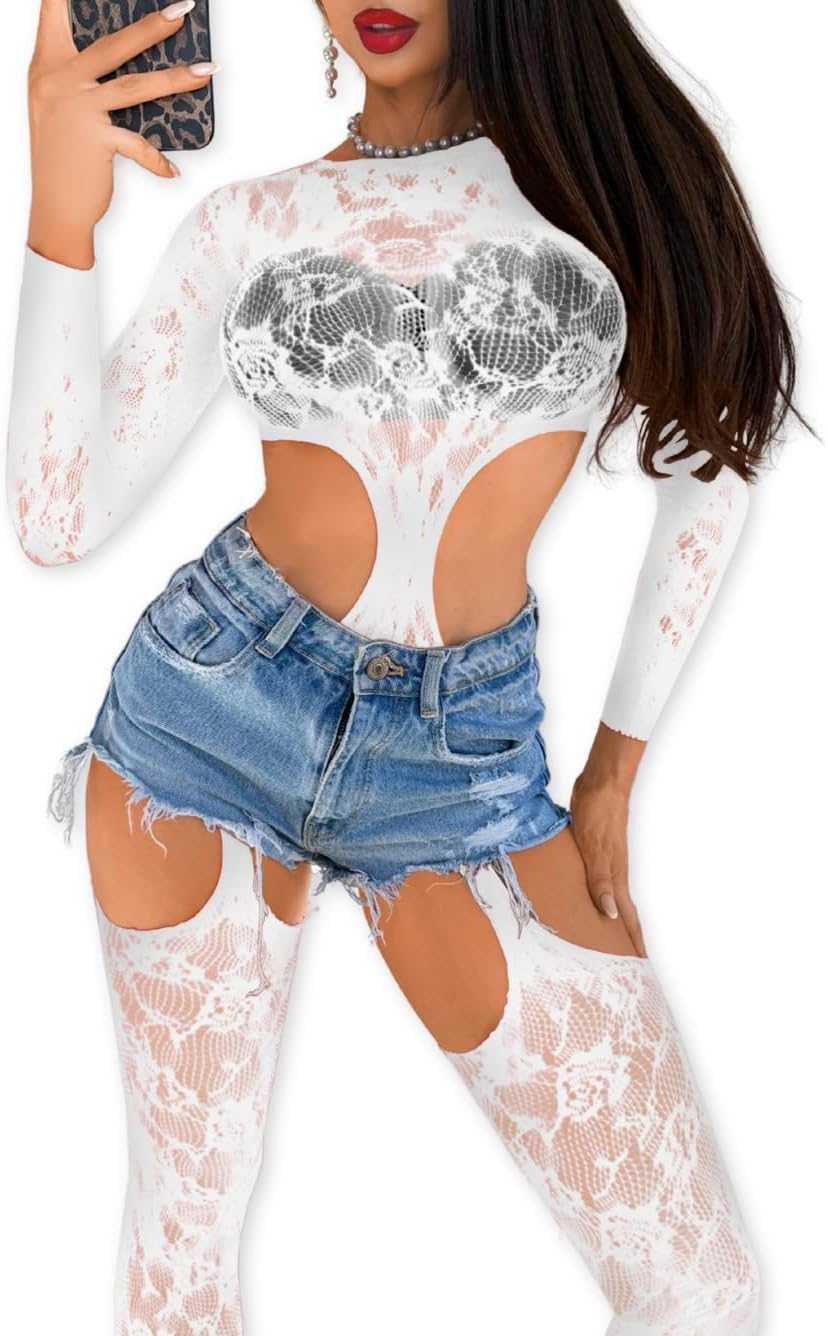 EHSUYAB Women Sexy Body Stockings,Fishnet Bodysuit Lace Jumpsuit