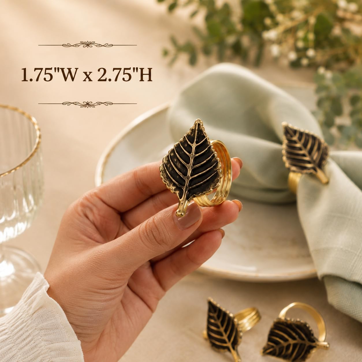 ALPHA Living HOME Set of 12 Napkin Rings for Farmhouse Decor Premium Metal Leaf Dinnerware Napkin Holders Thanksgiving, Christmas, and Easter Table Setting (Antique Gold)