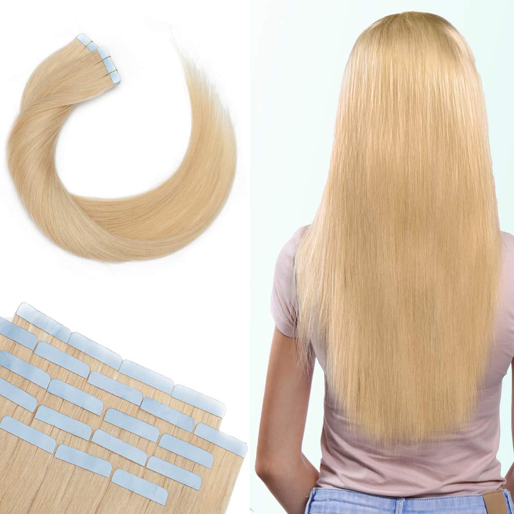 22" 30g Tape in Hair Extensions Remy Human Hair Highlight #24 Natural Blonde Thin Long Straight Hair Seamless Skin Weft Invisible Double Sided Tape 20pc/pack +10 Free Tape Bonds