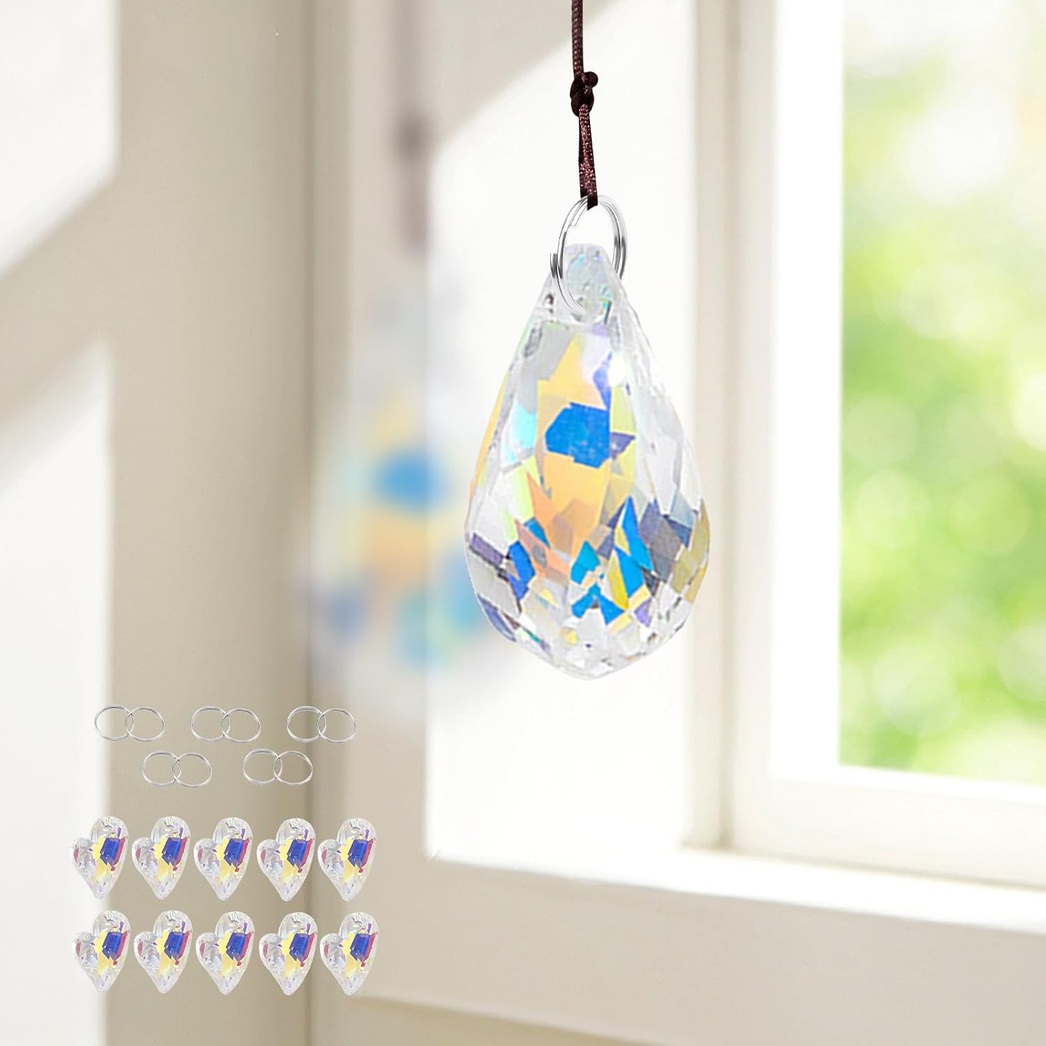 10 Pack Crystal Pendants Transparent with 10 Keychain Hooks Faceted Hanging Ornaments DIY Decoration Light Beads Gift Craft, Colorful sectional Water Droplets