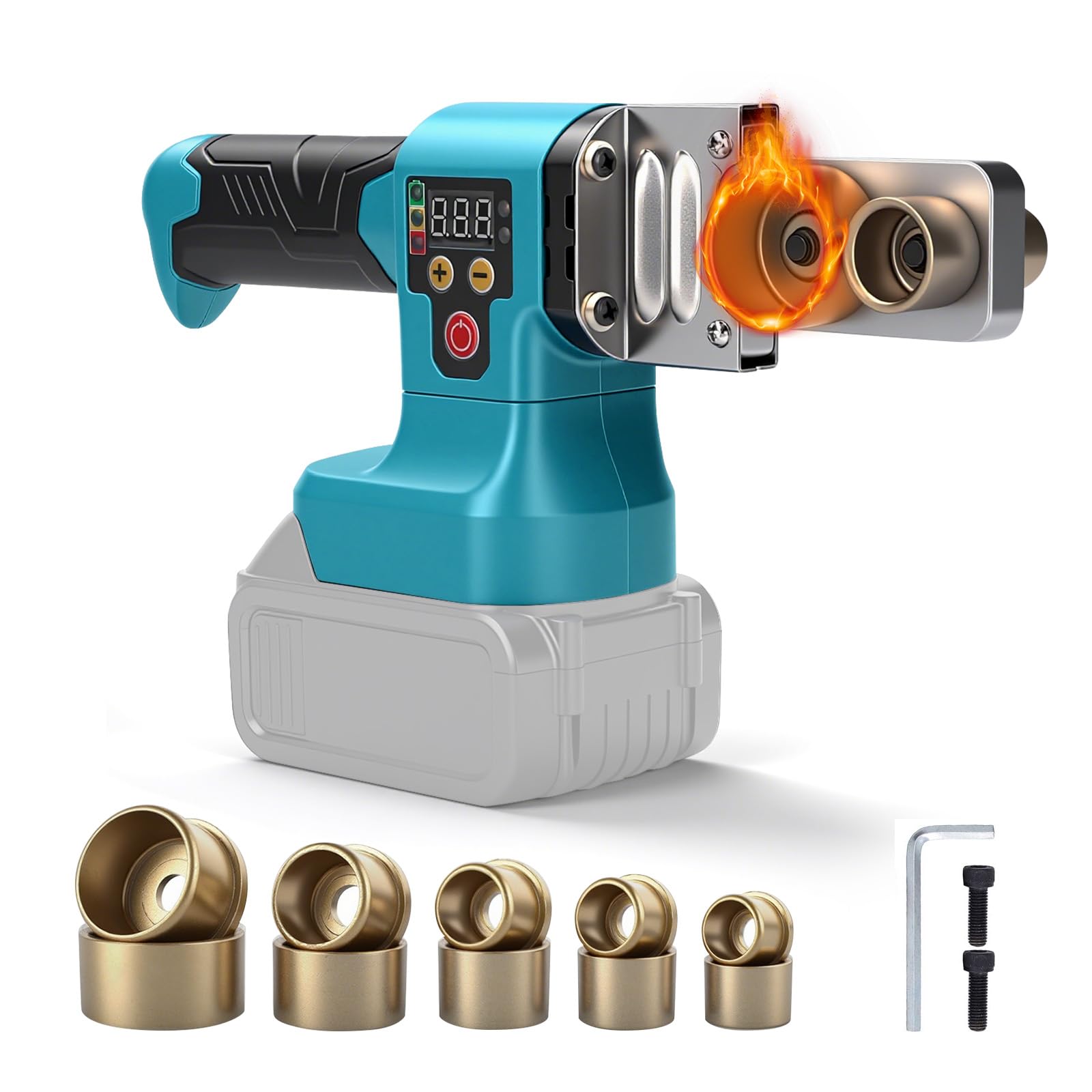 Soldador de tubos de plástico inalámbrico compatible con batería Makita de 18 V (sin batería), máx. 320 °C, máquina de soldadura eléctrica de plástico con pantalla digital y 5 cabezales de troquel