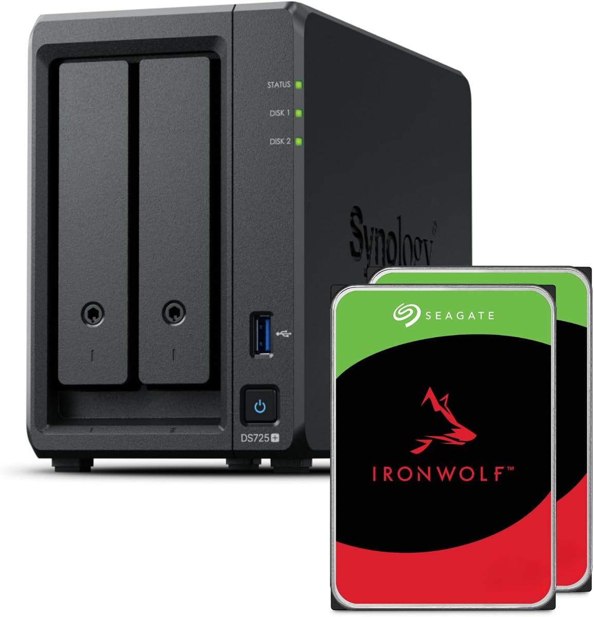 Synology DS725+ Paquete de 20 TB (Seagate Ironwolf 2X 10 TB) Serie 2 Bay Plus con ranuras Ryzen R1600, 4 GB de RAM (32 GB como máximo), 1x 2,5 GbE, 1x 1 GbE, 2X M.2 NVMe. Expansión DX525 disponible a través de Type-C