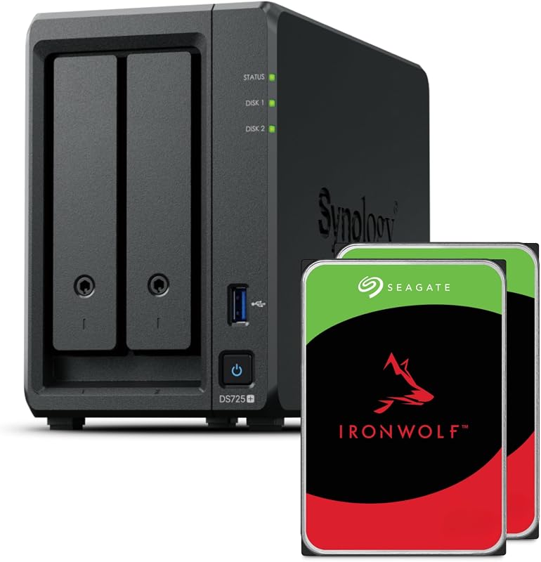 Synology DS725+ Paquete de 20 TB (Seagate Ironwolf 2X 10 TB) Serie 2 Bay Plus con ranuras Ryzen R1600, 4 GB de RAM (32 GB como máximo), 1x 2,5 GbE, 1x 1 GbE, 2X M.2 NVMe. Expansión DX525 disponible a través de Type-C