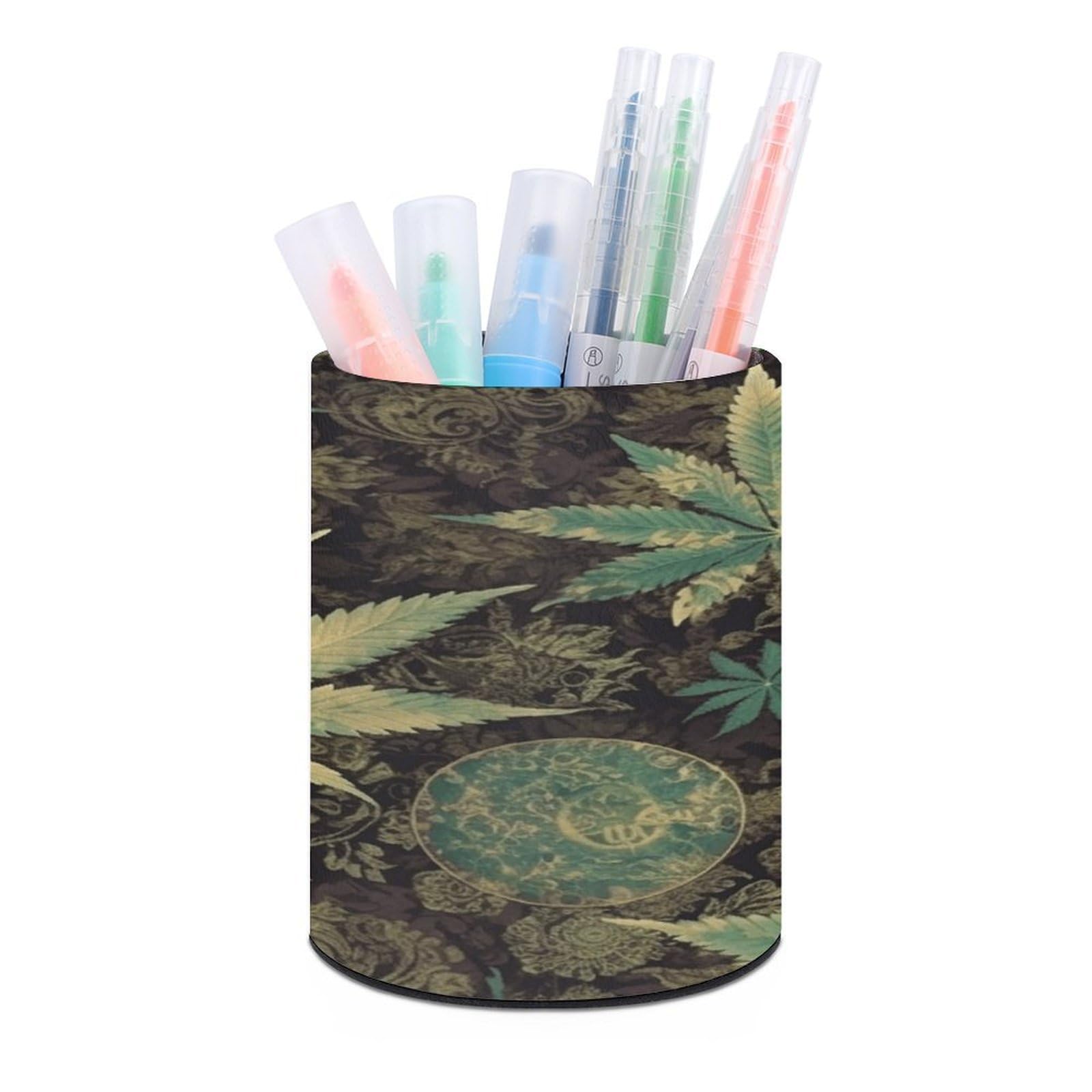 VstaDank A Puff in Time Weed Marijuana Pen Holder PU Leather Pencil Cup Minimalist Desk Pencil Holder Round Make Up Brush Organizers For Office Dorm Room&Vanity Desk Accessories