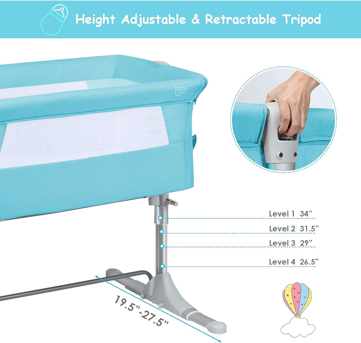 Size 12.5“ - 20“ Color Green Baby Bedside Crib, Portable Travel Sleeper Bed Side Bassinet w/Carrying Bag, Newborn Bassinet to Infant, Kids Crib with Detachable Mattress, Height Adjustable Design, Breathable Mesh, Green