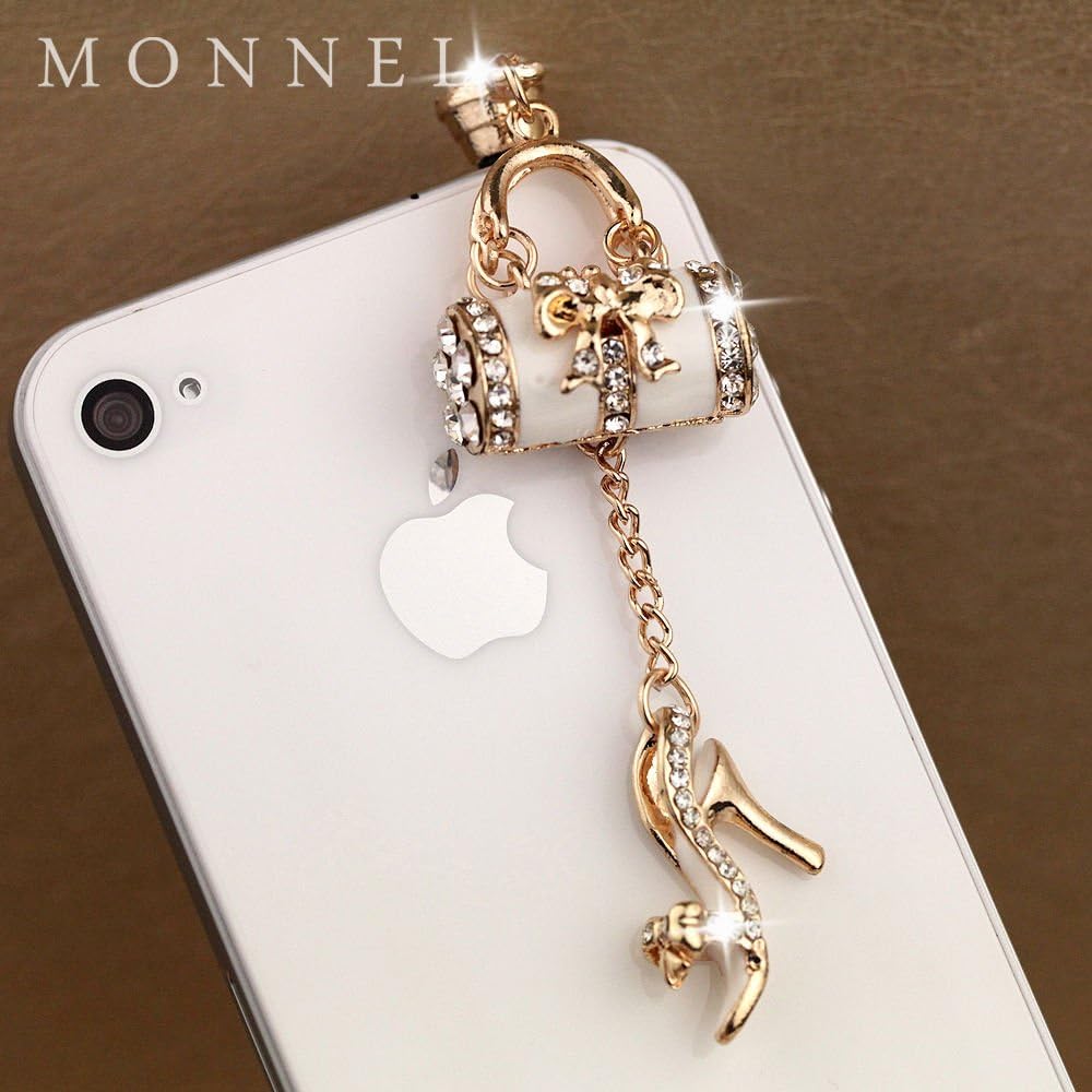 Ip664 Clear Crystal 3.5mm Rhinestones White Handbag Shoe Pattern Cellphone Charms for Iphone 4 4s Cell Phone