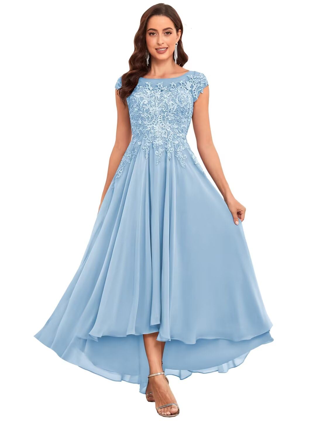 HANVAIOS Mother of The Bride Dresses Tea Length Cap Sleeve Lace Applique Mother of Groom Dress with Pockets