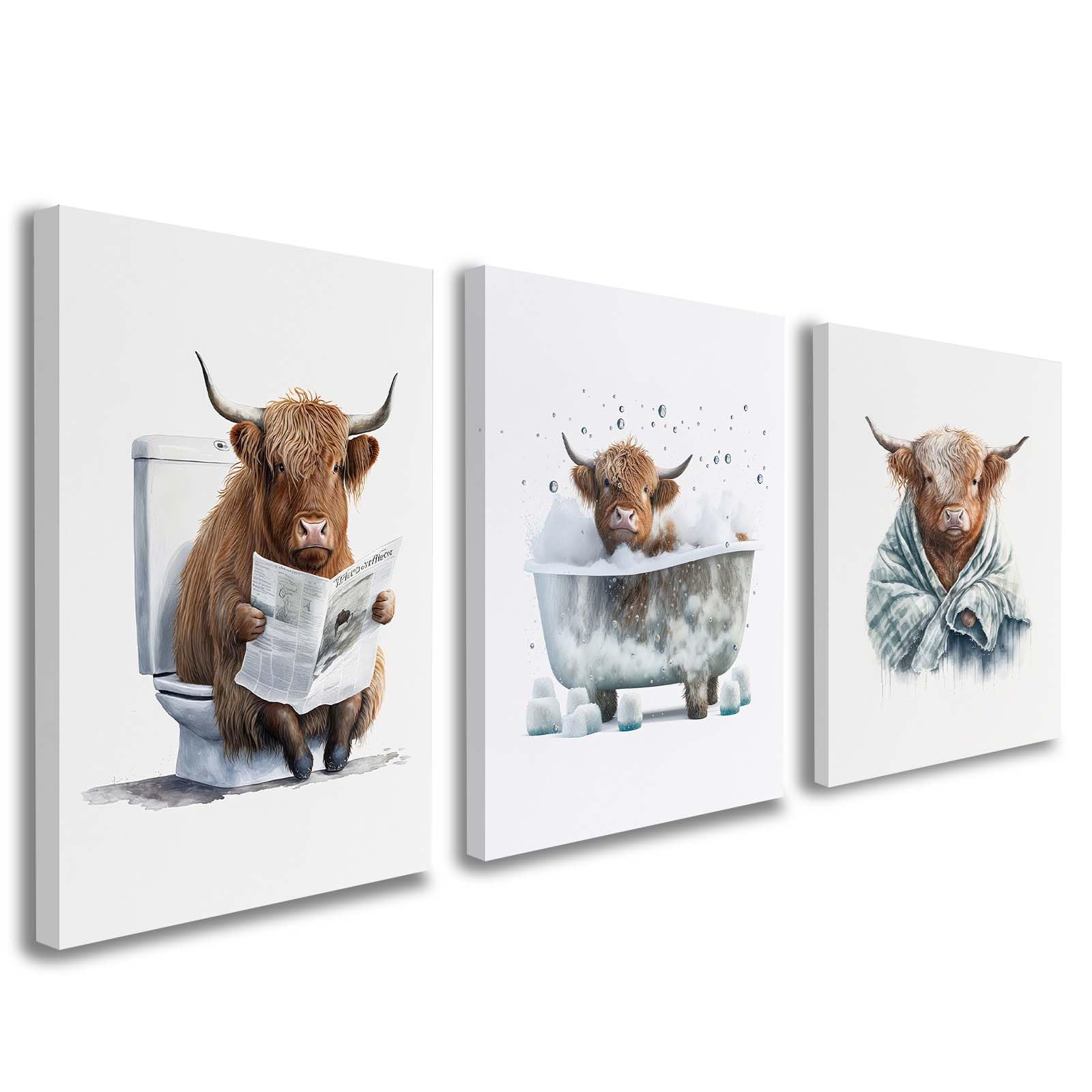 Galmcook Set of 3 Framed Canvas Bathroom Wall Art 12x16 Inch Each Funny Highland Cow Pictures Toilet Wall Decoration Bathroom Prints and Artwork with Hooks and Magic Tape โ image 1