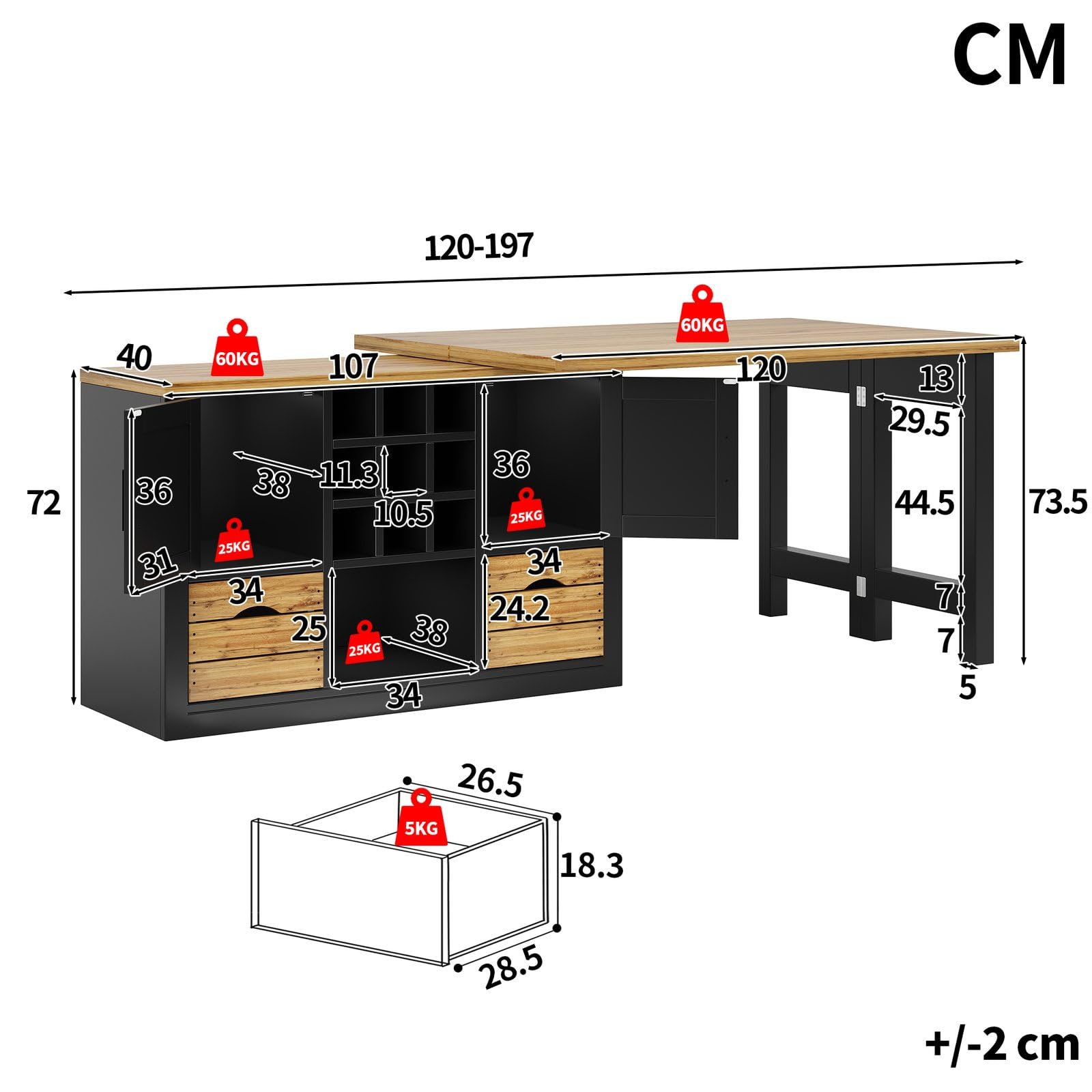 KOMHTOM îlot Central Cuisine Extensible,Noir,120-197 cm,avec Rangement