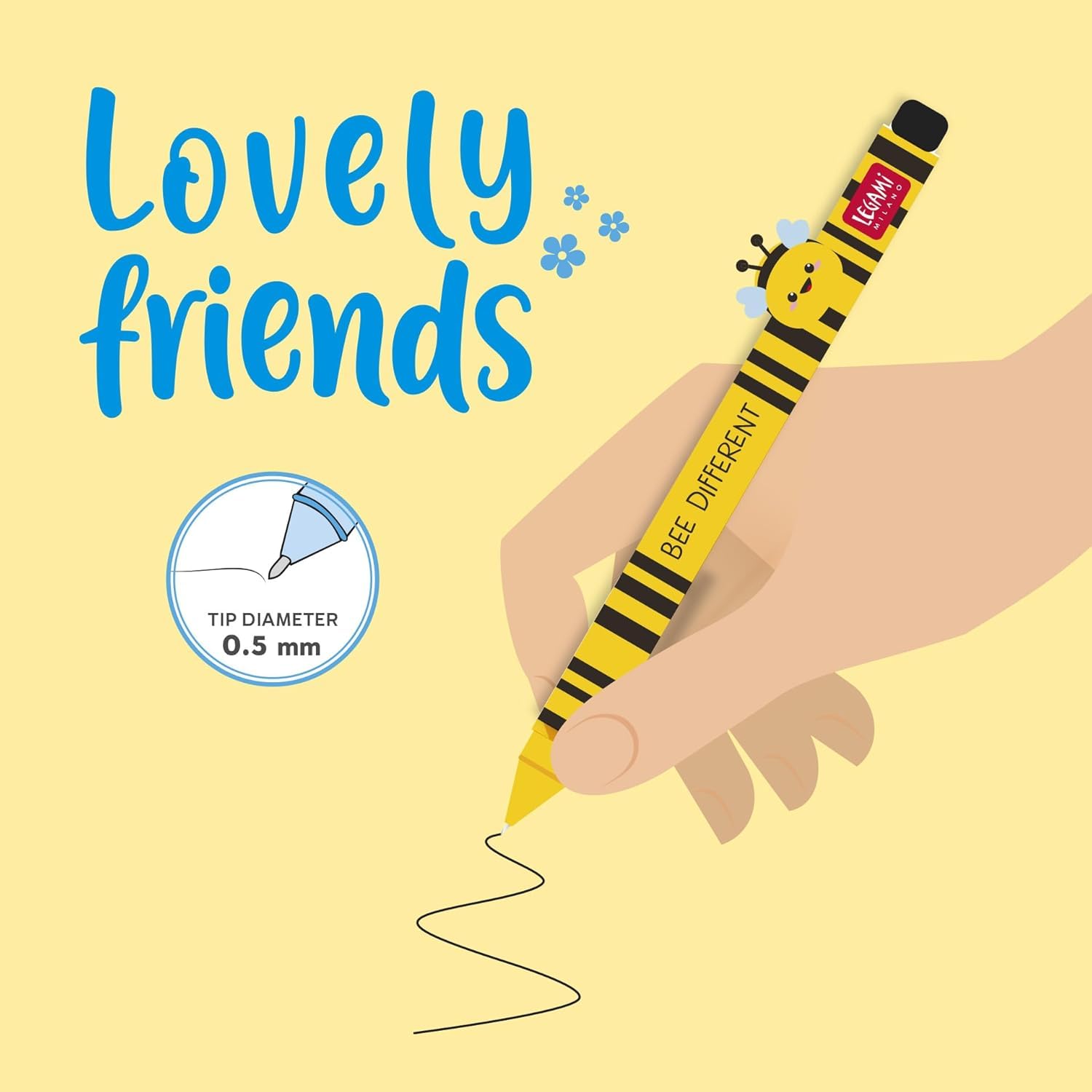 LEGAMI Lovely Friends Lot de 4 stylos gel décoratifs animaux amovibles et recombinables, évite le rouleau, pointe fine de 0,5 mm, motif : abeille, lion, hippopotame et monstre