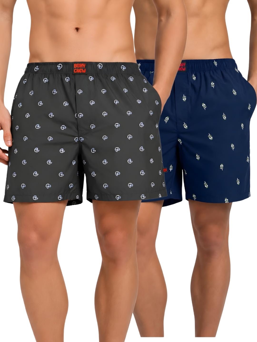 boxy crew Men Boxer Shorts Pack of 2, 100% Cotton Woven Boxers, Navy Blue Combo, Printed Designs, Dual Side Pockets, No-Marks Inner Elastic Waistband, Relaxed Fit Lounge & Sleep Shorts-picture-49