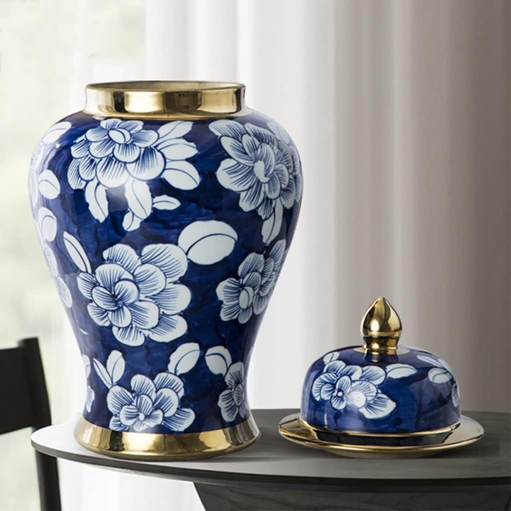 Tarro decorativo grande de porcelana con tapa, jarrón con estampado floral azul y blanco, borde dorado, tarro de jengibre para decoración del hogar, estilo templo, 9 x 17.5 pulgadas