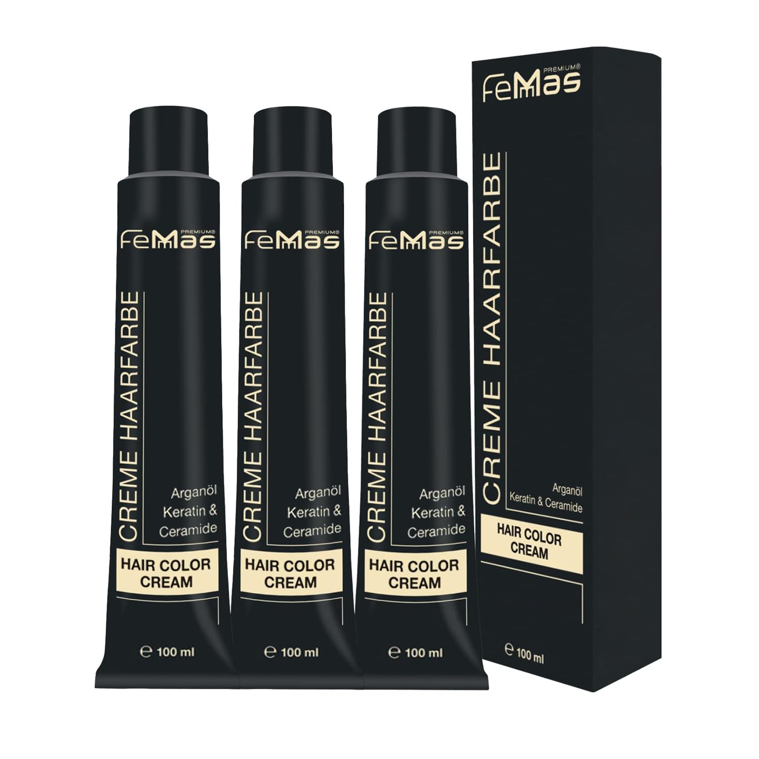 FemMas teinture pour cheveux Noir 1 3x I Crème colorante à l'huile d'argan, kératine et céramides I Coloration permanente ou teinture pour des résultats éclatants et durables I 100 ml