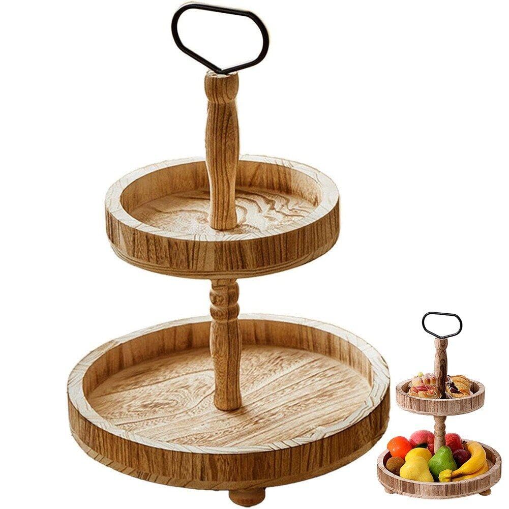Soporte de madera para tartas de 2 niveles, bandeja redonda desmontable, elegante soporte de exhibición de repostería para postres, vitrina de panadería, perfecto para fiestas y eventos