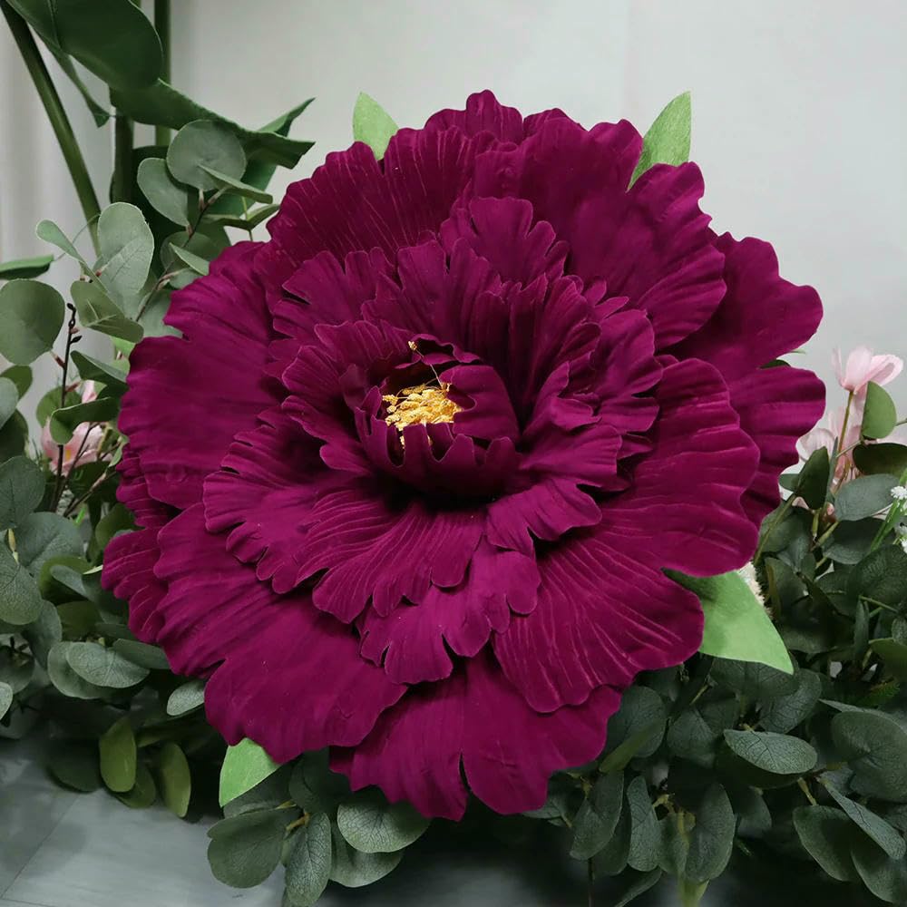 Pivoine Artificielle en Velours de Couleur Unie, Grande décoration pour Mariage, Arrangement de Fond - Rose Rouge foncé - 60 cm