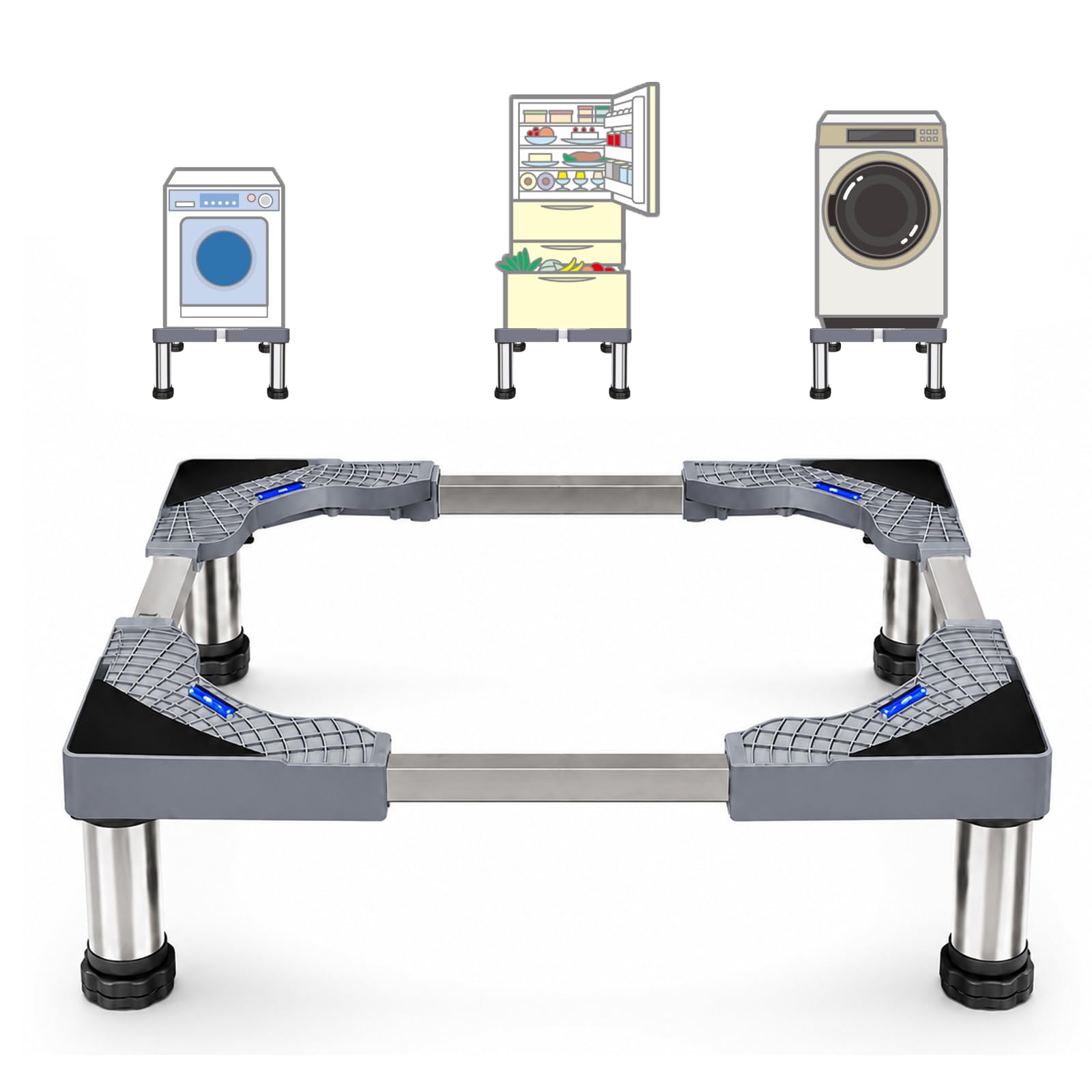 Soporte para lavadora, 4 patas, soporte ajustable de lavadora, altura 13-16 cm, base de lavadora, soporte para nevera, 43-62 cm, para secadoras de ropa, lavadora, estufa, refrigeradores