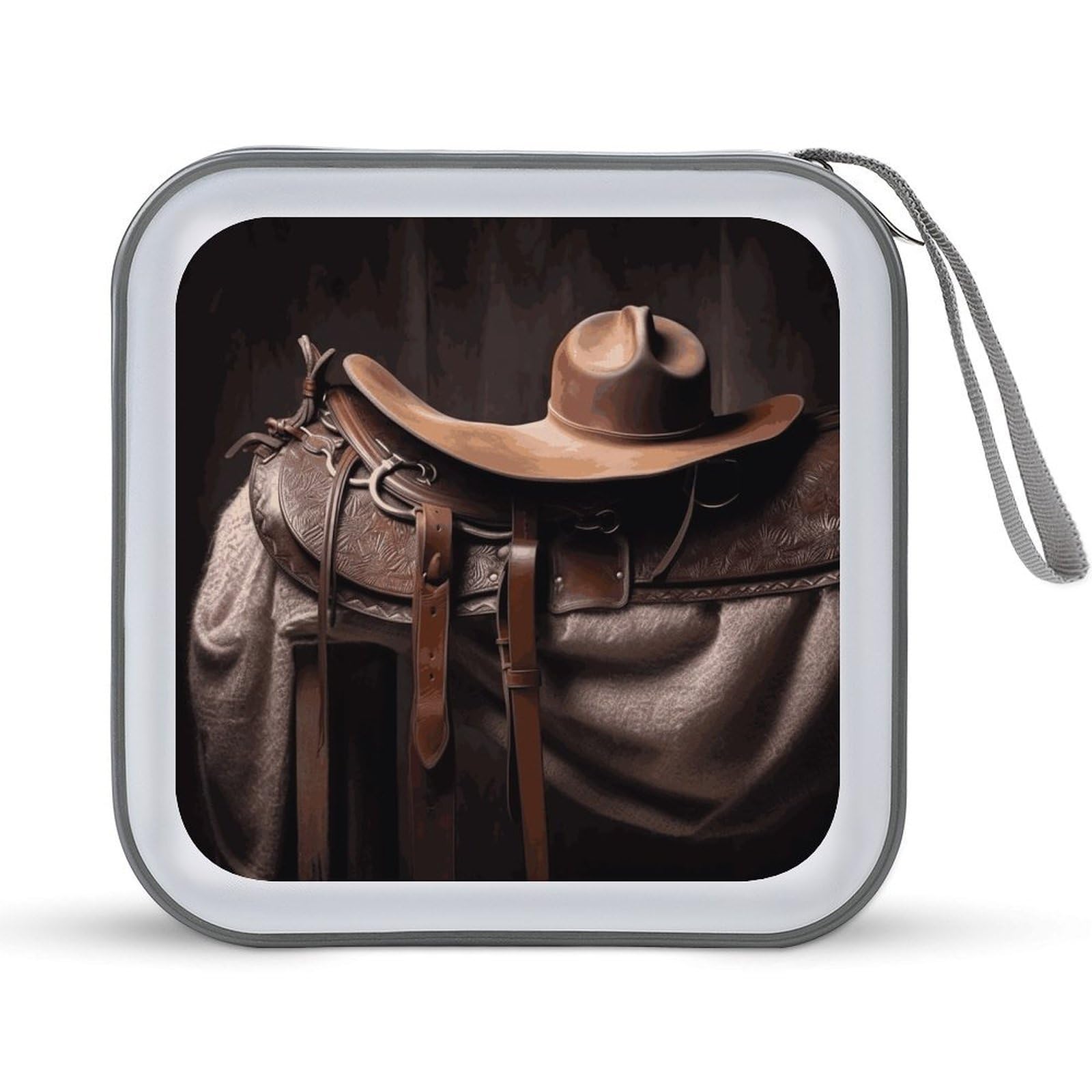 VstaDank - Horse saddle with cowboy hat and wild CD, 40 capacity DVD case with zipper disc, portable CD storage organizer, hard plastic holder