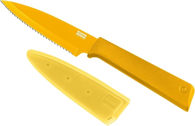 KUHN RIKON 24218 Colori+ Non-Stick Serrated Paring Knife with Safety Sheath, 19 cm, Yellow