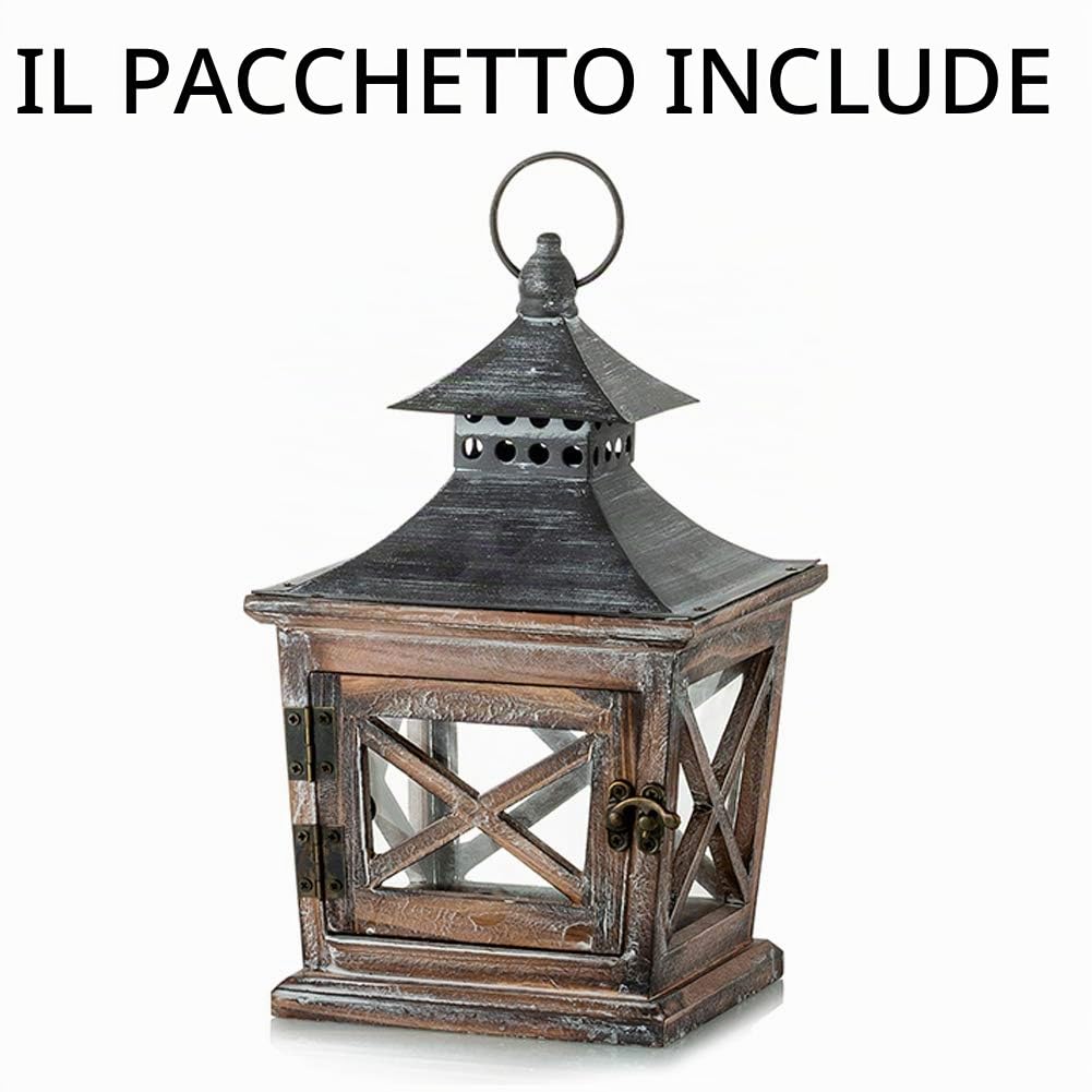 NUPTIO Lanterna in Legno per Candele di Natale: 27cm in Metallo e Vetro | Lanterne per Candele Invecchiate Portacandele per Interni, per Halloween Soggiorno Camino Centrotavola Ornamenti