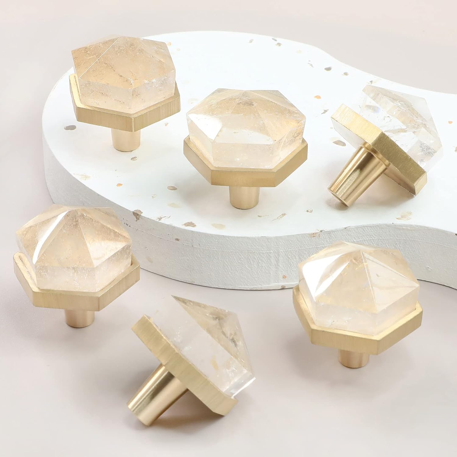 mookaitedecor Set of 2 Rock Quartz Hexagon Drawer Knobs with Screws, Hexagonal Stone Cabinet Handles Pulls Furniture Hardware for Dresser Kitchen Cupboard