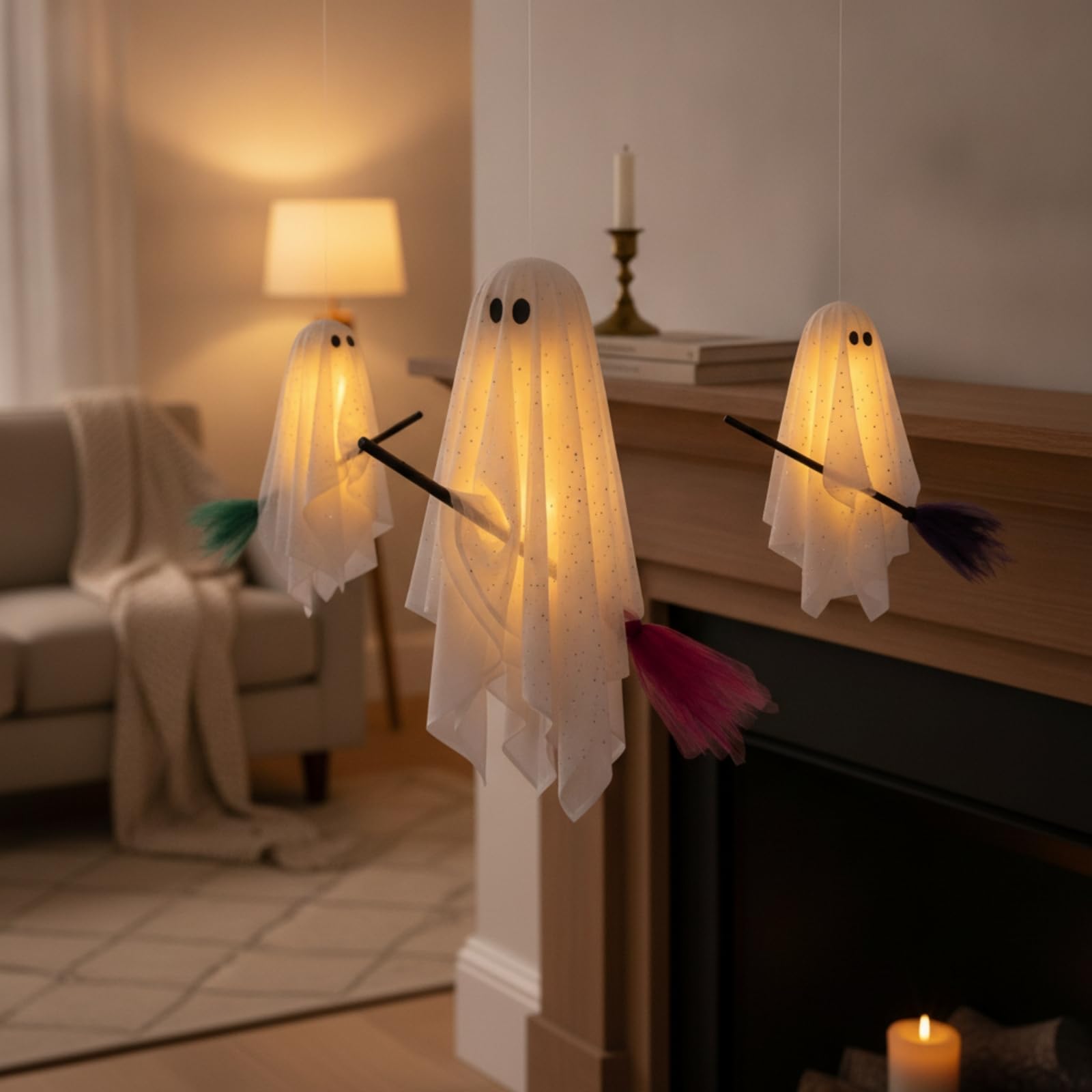 3 Pezzi con Scopa Leggero a Bottone Incluse, Sospeso, Effetto Luminoso Spettrale, Ornamento, per Casa Sgata