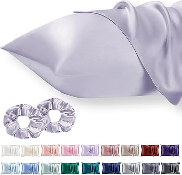 Vielit 2 Pack Satin Pillowcase for Hair and Skin Cooling,Soft as Silk Pillowcase for Hair and Skin,Easier Care than Silk Pillow Case Purple 50x75cm Gifts for Women Envelope & 2 Scrunchies