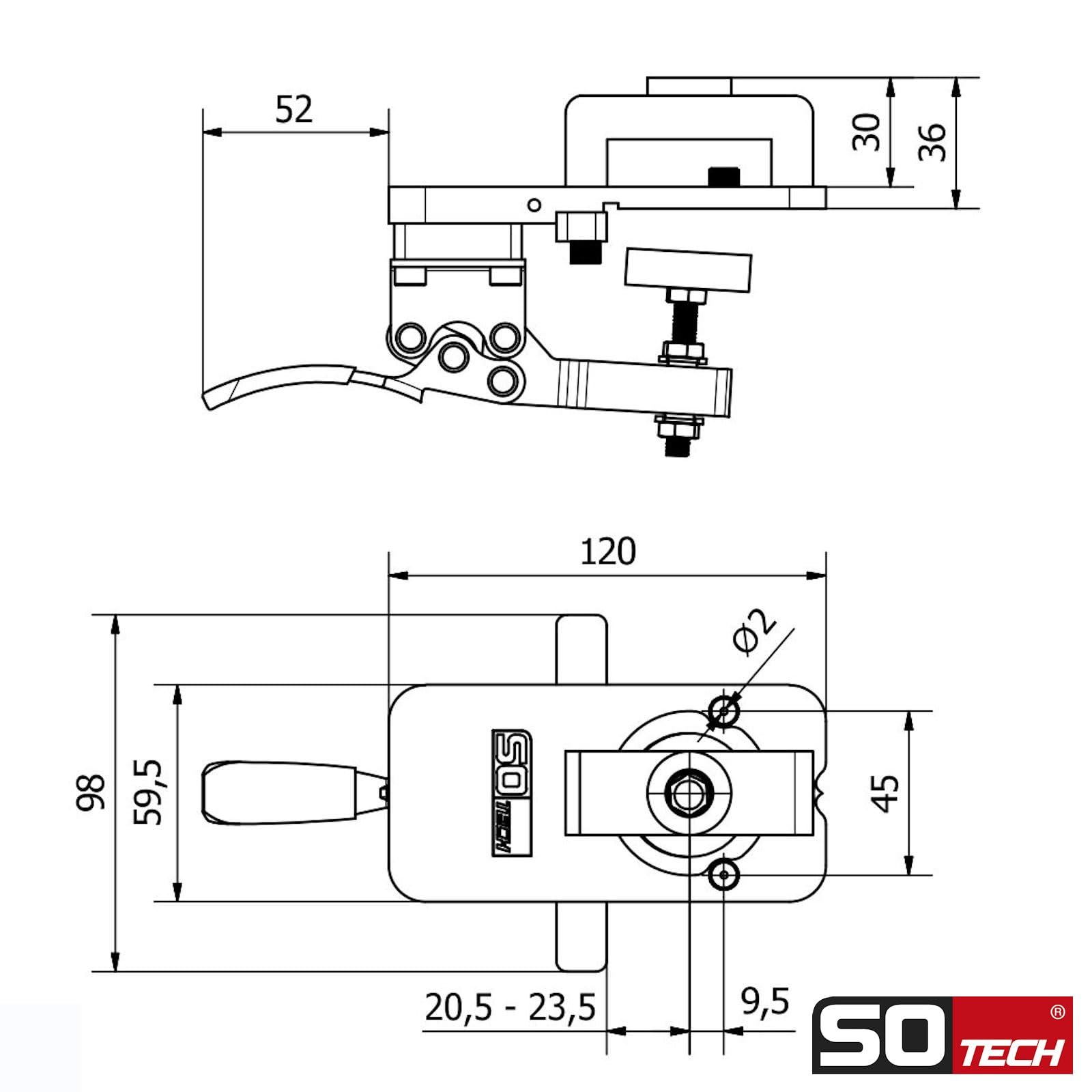SOTECH Präzisions-Bohrschablone inkl. Anschlagblock für Blum Funkschalter und Forstnerbohrer Ø 35 mm und weiteren Topflochbohrungen im Möbelbau