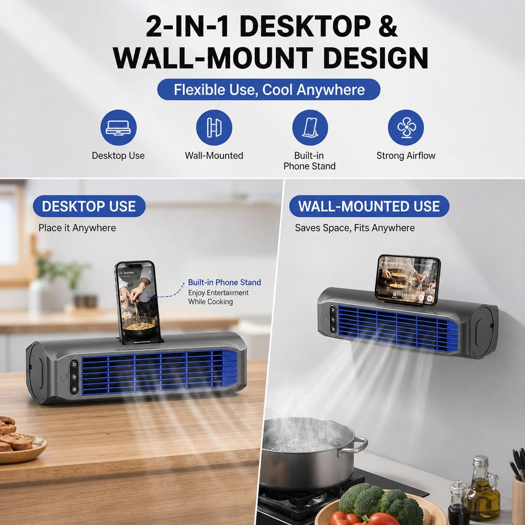Ventilatore a Torre Portatile Senza Pale, circolatore d'Aria Ricaricabile Wireless con Tecnologia a Flusso Incrociato, Ventilatore Personale Silenzioso a 3 velocità per scrivania/Parete/Piano,Nero