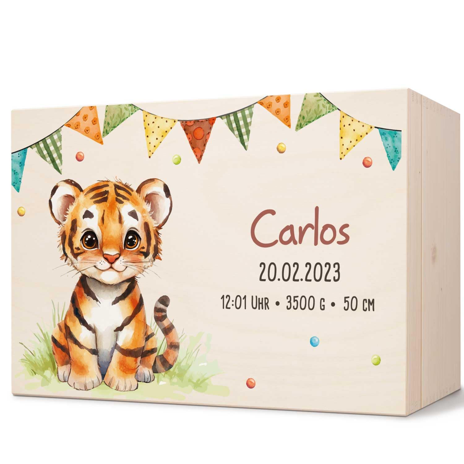 GRAVURZEILE Erinnerungskiste für Babys - Partytiere Tiger - Personalisiert mit Name & Datum - Holzkiste für Mädchen & Jungen - Geschenk für Baby zur Geburt - Erinnerungsbox für Neugeborene
