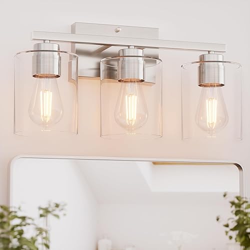 Honesorn Lámparas de baño, 3 luces de tocador de baño, luces de tocador de baño de níquel cepillado para baño, lámpara de baño moderna con pantalla