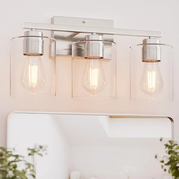 Honesorn Bathroom Light Fixtures, 3 Light Bathroom Vanity Light, Brushed Nickel Vanity Lights for Bathroom, Modern Bathroom Light with Clear Glass Shade, E26 Base, Bathroom Light Fixtures Over Mirror