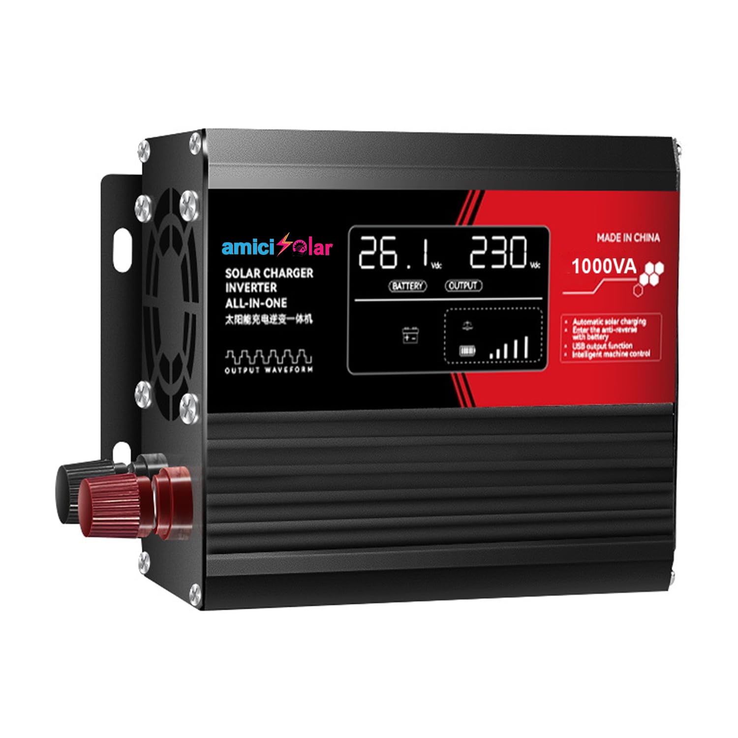amiciSolar 500W Off-Grid Solar Inverter | 1000VA 12V DC to 220V AC Modified Sine Wave Converter with Built-in PWM Controller & LED Display | Ideal for Solar Panels, LFP & Lead Acid Batteries