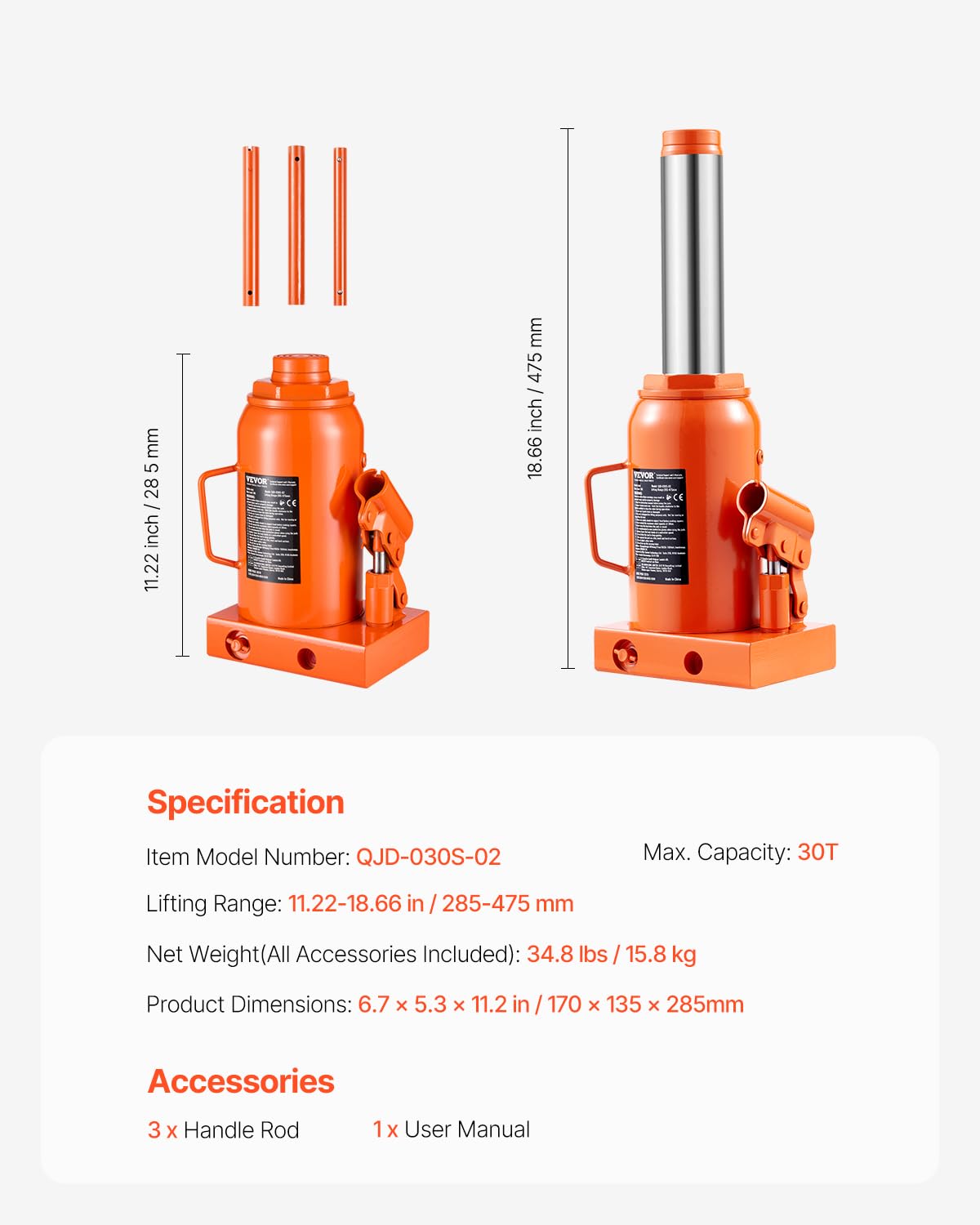 VEVOR Cric Idraulico a Bottiglia 30T, Cricco a Bottiglia Saldato con Portata Sollevamento 285-475 mm e Maniglia Lunga a 3 Sezioni, Cric per Pick-Up, Camper, Riparazioni Auto, Ingegneria Industriale