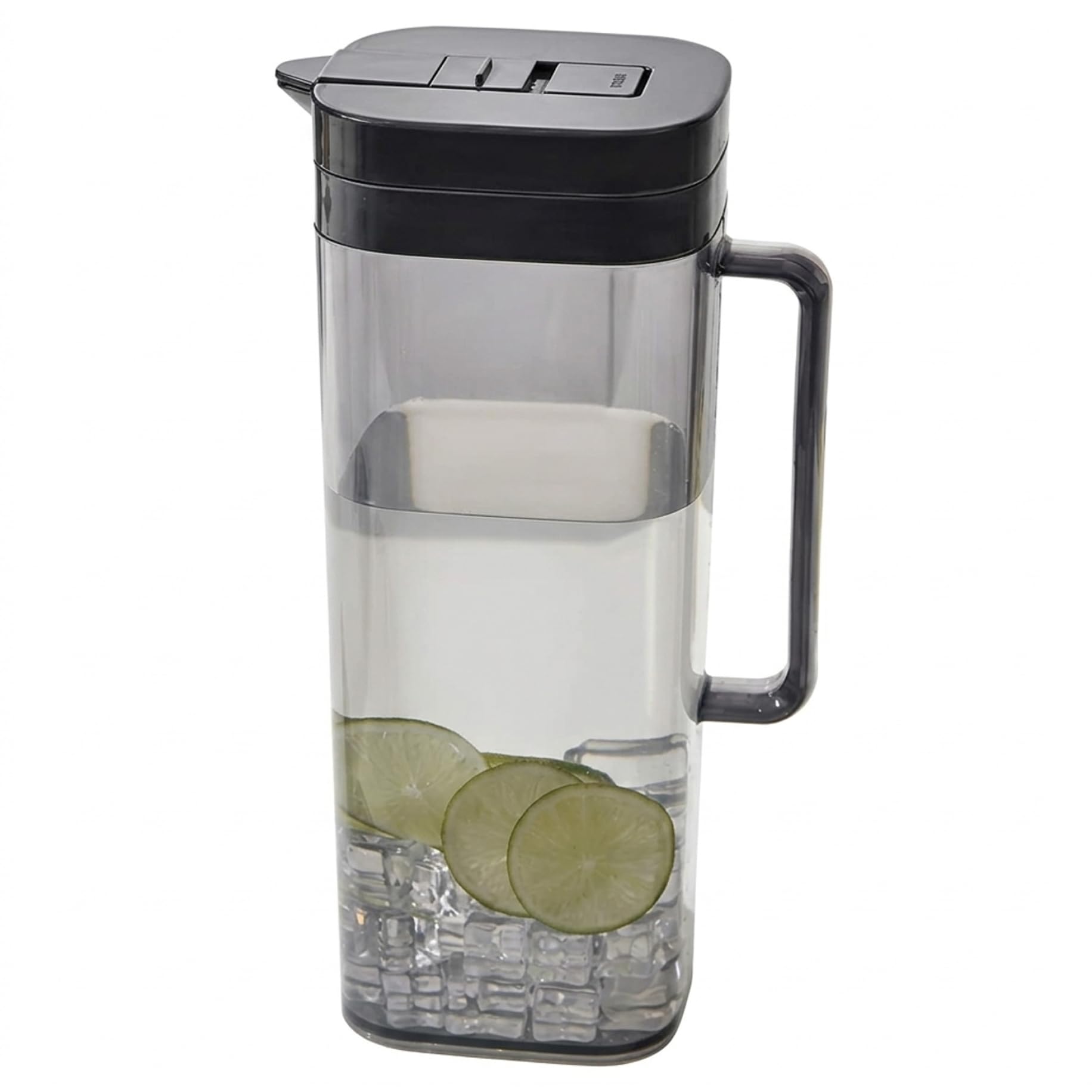 Qoidrfofse Plastic Pitcher with Lid, 2L Clear Flip-Top Water Jug with Leak-Proof Lock for Iced Tea Cold Brew Juices, Sturdy Drink Pitcher for Refrigerator Door, Black