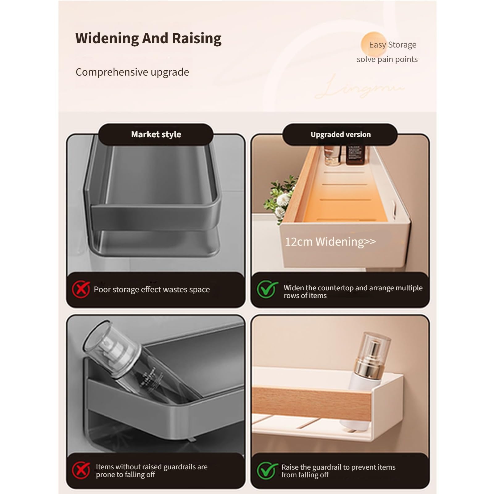Badezimmer Wandregal ohne Bohren, Duschablage aus Kohlenstoffstahl mit Holzoptik, Wandorganizer mit Absturzsicherung, abnehmbares waschbares Fach, für Bad, Küche, Mietwohnung(White,40CM)