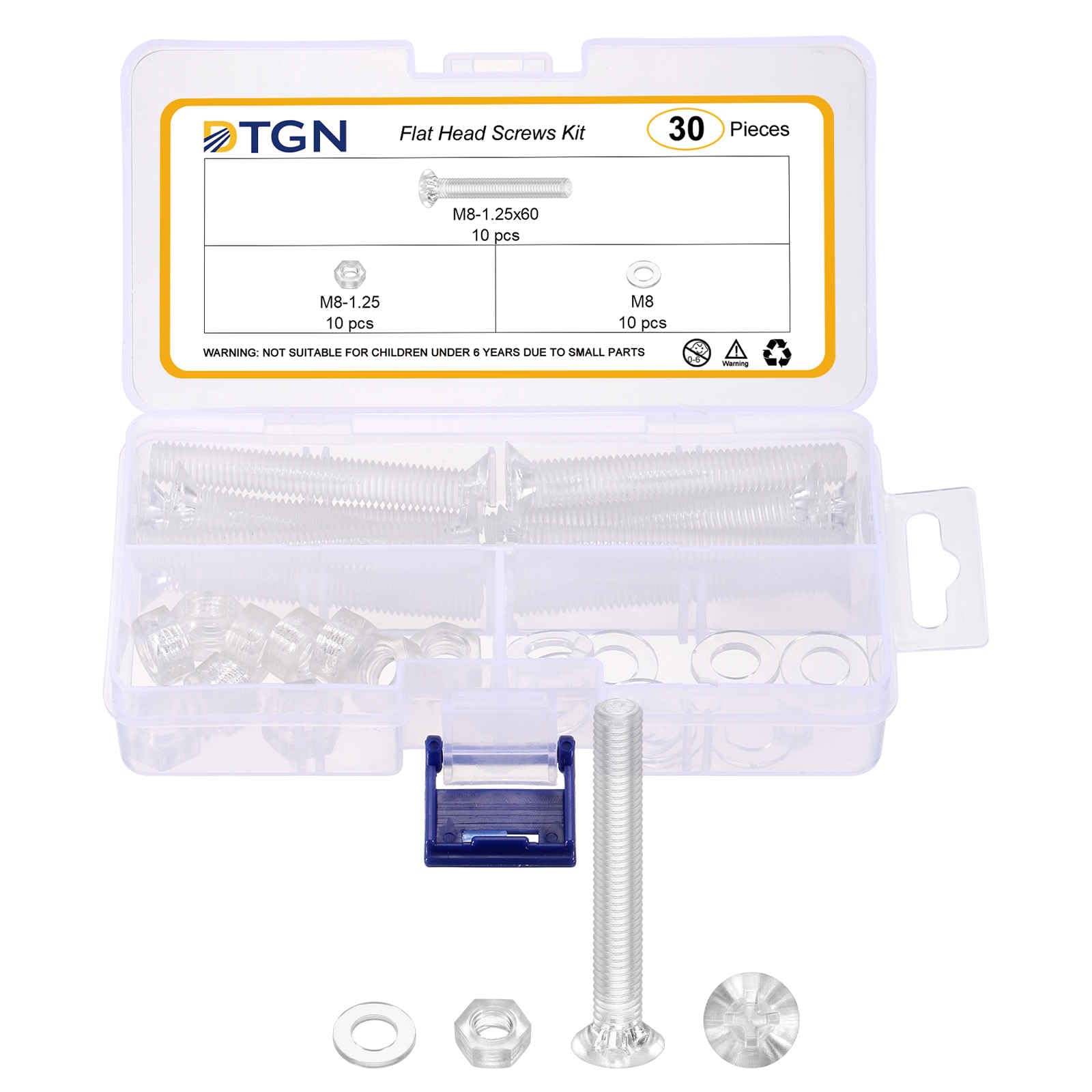 DTGN M8-1.25x60 Flat Head Nuts and Bolts Assortment Kit - 30pcs - Good for Machinery - Polycarbonate Plastic Phillips Countersunk Machine Screws Set W/Washers
