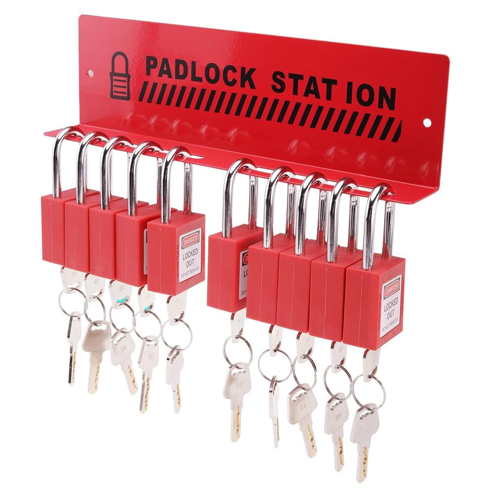 Lockout Tagout Station con 10 diversi lucchetti di sicurezza con chiave, 2 cerniere e 10 etichette di blocco, serrature in ferro rack
